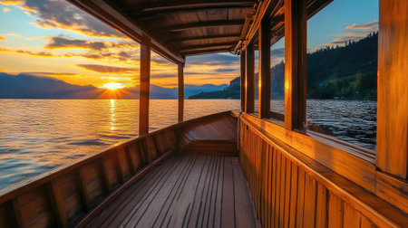 Inside an open cabin boat, highlighting a serene sunset journey with picturesque views of the calm waters.の素材