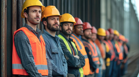 Engineers of varied backgrounds holding helmets and lined up on a train garage site, emphasizing unity and teamworkの素材