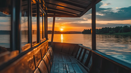 Inside an open cabin boat, highlighting a serene sunset journey with picturesque views of the calm waters.の素材