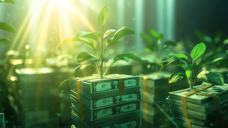 Green plants sprouting from stacks of money with bright flare light effects, symbolizing financial prosperity and growth.の素材