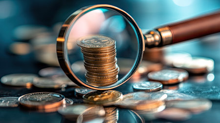 Magnifying glass highlighting growing stacks of money coins, showcasing trends in financial growth and investment.の素材