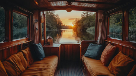 Inside an open cabin boat, capturing a serene sunset journey with a breathtaking view of the tranquil waters.の素材