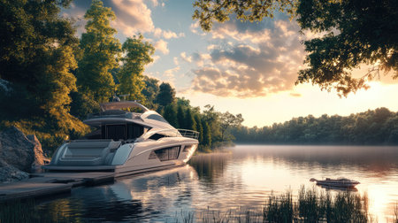 Exclusive lake scene with an exquisite cabin cruiser, emphasizing tranquility and luxury in a stunning setting.の素材