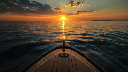 Sunset journey from an open cabin boat, offering a serene view of the sunset and peaceful waters.の素材