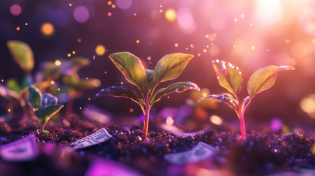 Vibrant plants growing on money, enhanced with flare light effects, representing the synergy of financial and environmental growth.の素材