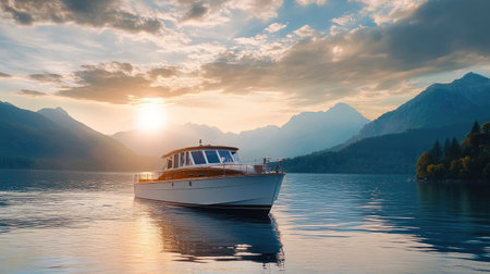 Serene and elegant cabin cruiser on an exclusive lake, offering a peaceful and refined backdrop.の素材