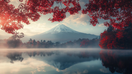Autumn scene with brilliant red leaves and fog enveloping Mountain Fuji, offering a picturesque and serene landscapeの素材
