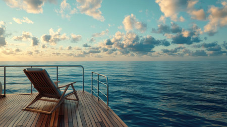 Peaceful seascape with a cozy deck chair on a cabin cruiser, perfect for contemplation and restful momentsの素材