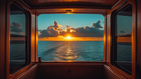 Serene view from inside an open cabin boat, showcasing a tranquil sunset journey over calm waters.の素材