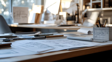 Detailed view of a freelance designer's workspace with blueprints, design sketches, and drafting tools for a start-up projectの素材