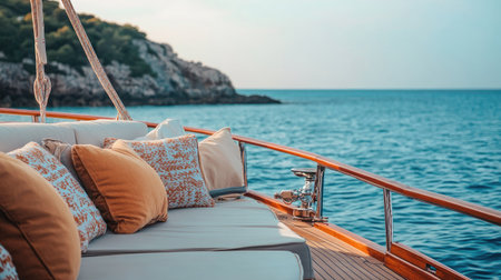Relaxing getaway scene on a cabin cruiser with comfortable seating, soft cushions, and tranquil sea surroundingsの素材