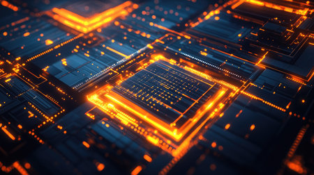 Abstract geometric shapes and patterns with digital circuits and glowing elementsの素材