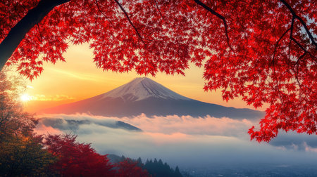 Colorful fall landscape featuring red autumn leaves and foggy morning views of Mountain Fuji, capturing seasonal beautyの素材
