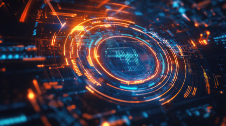 Abstract digital interface with modern tech patterns and flowing lines from a top viewの素材