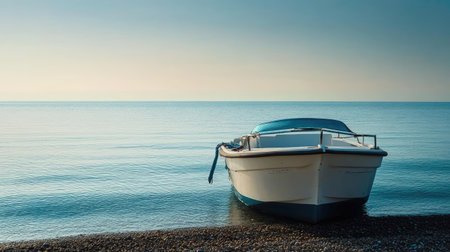 Tranquil cabin cruiser at Estepona Beach, capturing a serene coastal scene with space for additional text.の素材