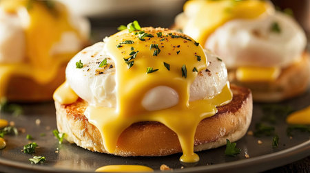 Classic egg benedict with poached eggs and hollandaise sauce on English muffinsの素材