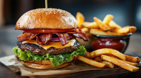 Classic burger with bacon, lettuce, tomato, and a side of crispy friesの素材