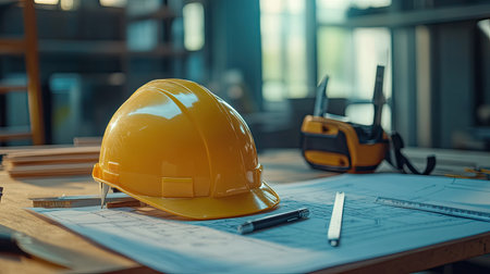 Yellow safety helmet with blueprints, pen, ruler, protractor, and tape measure on a construction table, emphasizing planning and safetyの素材