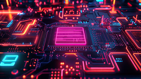 Abstract top view of a technology circuit board with vibrant neon highlightsの素材