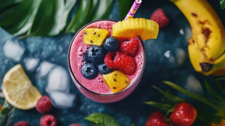 Overhead view of a colorful and fresh fruit smoothie with tropical flavorsの素材