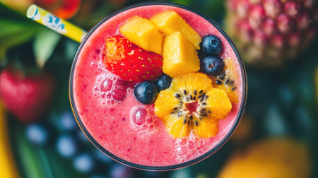Overhead view of a colorful and fresh fruit smoothie with tropical flavorsの素材