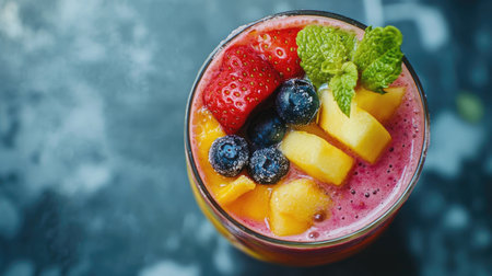 Overhead view of a colorful and fresh fruit smoothie with tropical flavorsの素材
