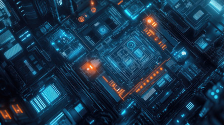 Overhead view of a futuristic communication background with glowing tech elementsの素材