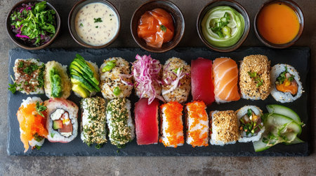Overhead view of a variety of sushi rolls on a slate platter with dipping saucesの素材