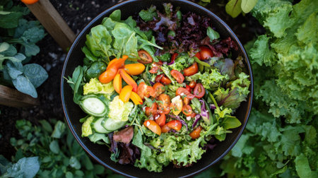 Overhead view of a fresh and crunchy garden salad with a variety of vegetablesの素材