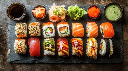 Overhead view of a variety of sushi rolls on a slate platter with dipping saucesの素材