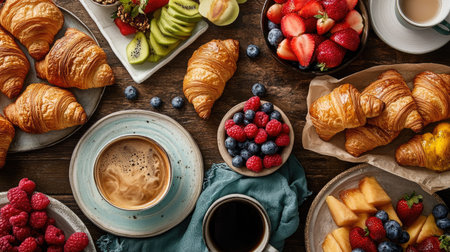 Overhead view of a gourmet brunch spread with croissants, fruit, and coffeeの素材
