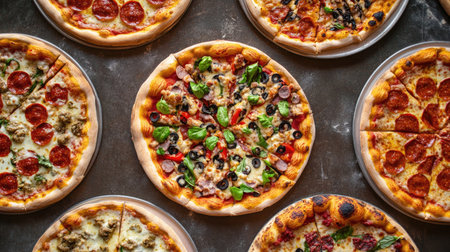 Overhead view of a gourmet brunch spread with croissants, fruit, and coffeeの素材