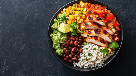 Top view of a delicious burrito bowl with rice, beans, and grilled chickenの素材