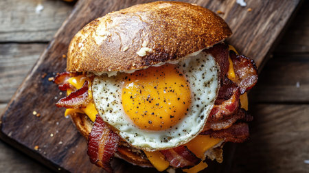 Top view of a classic breakfast sandwich with egg, bacon, and cheeseの素材