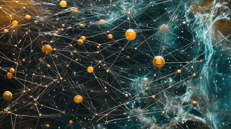 Top view of a digital communication network with interconnected nodes and abstract elementsの素材