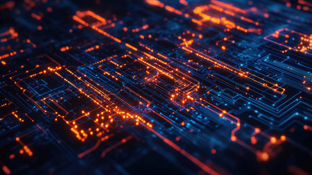 Top view of a dynamic tech interface with abstract patterns and network connectionsの素材