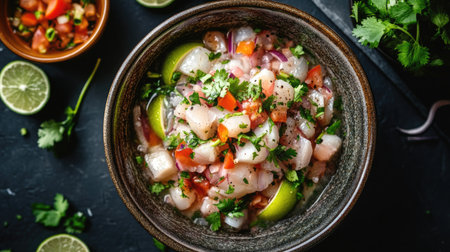 Top view of a fresh and tangy ceviche with lime and cilantroの素材
