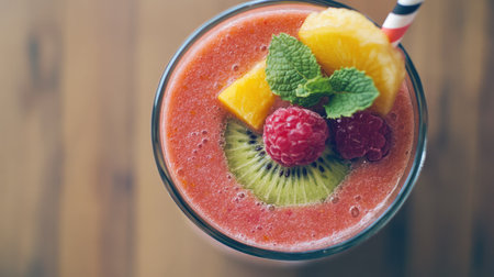 Top view of a colorful fruit smoothie with a variety of fresh fruits blendedの素材
