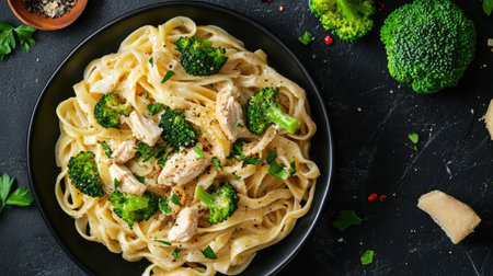Top view of a creamy pasta alfredo with chicken and broccolの素材