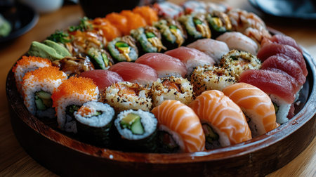 Top view of a fresh sushi platter with various rolls and sashimiの素材