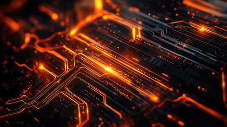 Top view of a sleek technology background with glowing lines and abstract patternsの素材