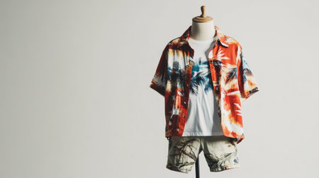 Trendy casual beachwear ensemble including a graphic tee and shorts on a dress form, with a plain white backgroundの素材
