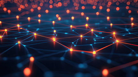 Top view of an abstract tech interface with glowing nodes and network connectionsの素材