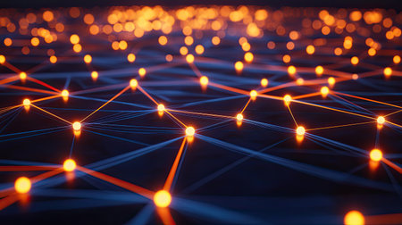 Top view of abstract digital network with glowing nodes and connecting linesの素材