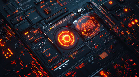 Top view of an abstract tech interface with digital elements and glowing patternsの素材