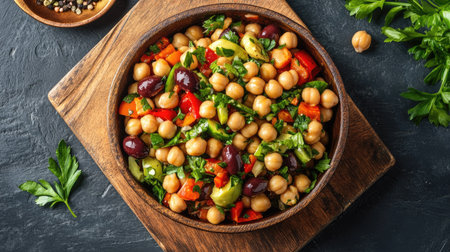 Top view of a vibrant and fresh Mediterranean salad with chickpeas and olivesの素材