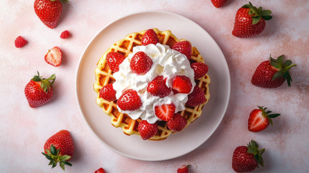 Top view of a stack of fluffy waffles topped with fresh strawberries and whipped creamの素材