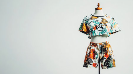 Trendy casual beachwear ensemble including a graphic tee and shorts on a dress form, with a plain white backgroundの素材