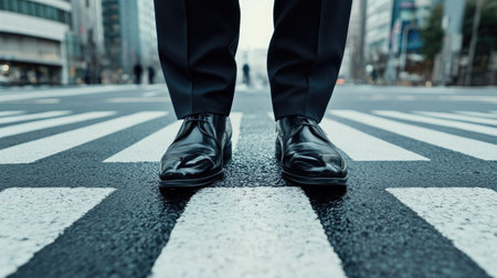 Well-dressed feet in business attire on a zebra crossing, with high-rise buildings visible in the backgroundの素材
