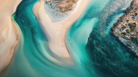 Turquoise river and sandbar captured from an aerial view. High resolution, clean, ample copy spaceの素材